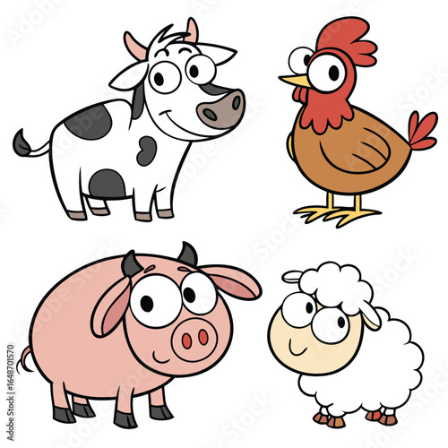 Charming cartoon farm animal sticker pack featuring a cow pig and chicken in vibrant cmyk colors