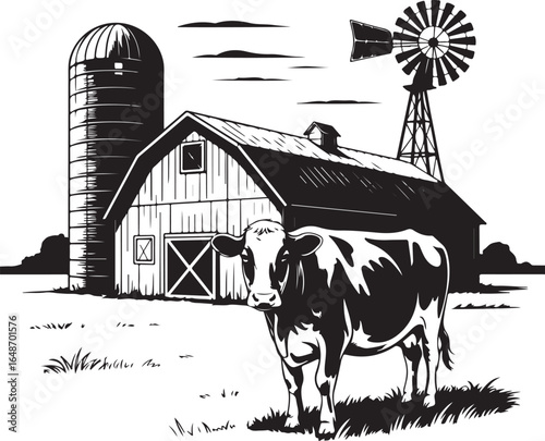 Farm scene with cow, barn, silo, and windmill