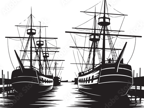 Majestic tall ships docked at harbor create vintage maritime scene