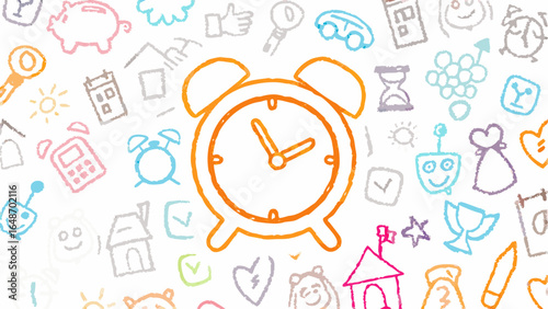 Doodle background featuring an orange alarm clock surrounded by various childlike drawings scattered around
