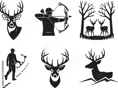 Dynamic archery and deer icons for outdoor sports enthusiasts