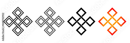 Set of endless knot vector symbols in multiple styles: thin outline, double outline, bold solid, and warm gradient. Ideal for spiritual designs, decorative ornaments, and cultural patterns. 