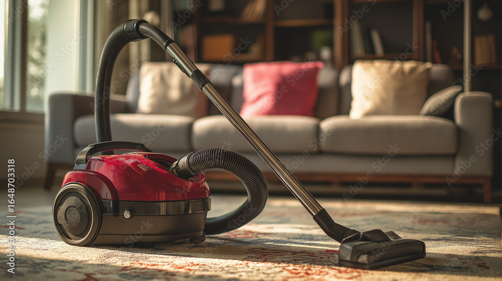 Fototapeta premium Red vacuum on patterned rug in sunny room. Suitable for household cleaning, interior design, home appliances, and cleanliness concepts.