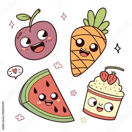 Charming kawaii food stickers featuring expressive faces and vibrant colors perfect for digital and print projects