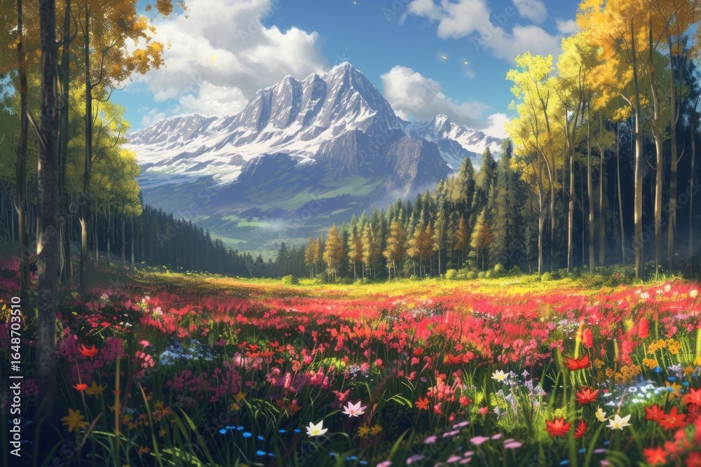 Fototapeta premium Colorful spring flower field forest landscape grassland.