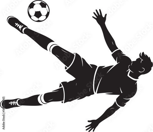 Dynamic soccer player kicks ball in powerful overhead motion