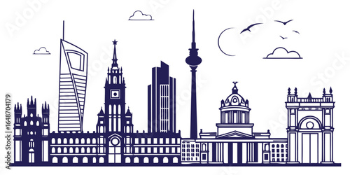 Madrid Skyline Silhouette Vector with Iconic Landmarks