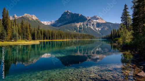 穏やかな水面に雄大な山と森が映し出される、透き通った湖の美しい風景