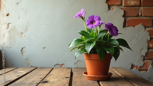Purple flowers in a terracotta pot on a rustic wooden table.