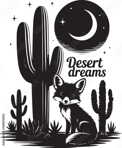 Magical desert dreams with cute fox under crescent moon night