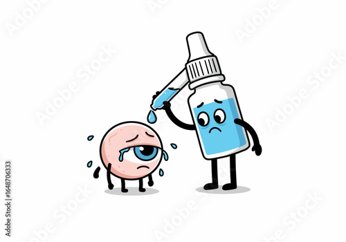 Cartoon Eye Receiving Eye Drops from a Bottle Character