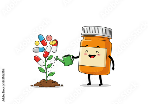 Cartoon Medicine Bottle Watering a Pill Plant with a Green Watering Can