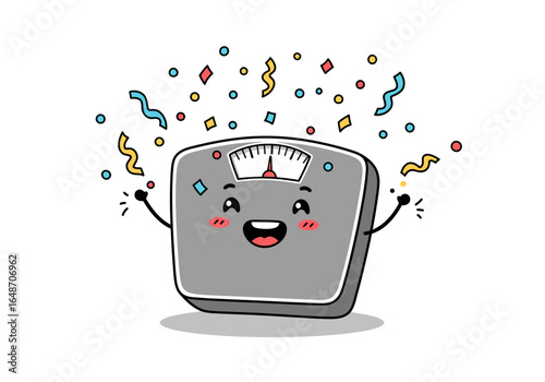 Cartoon Weight Scale Character Celebrating with Confetti