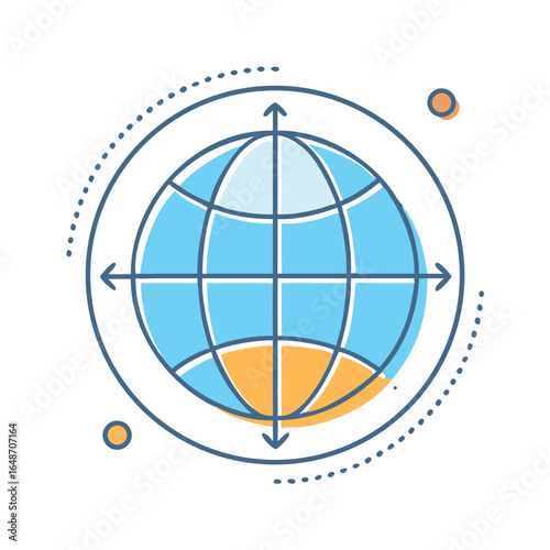Stylized Blue and Orange Globe with Arrows, Circle, and Dots Illustration