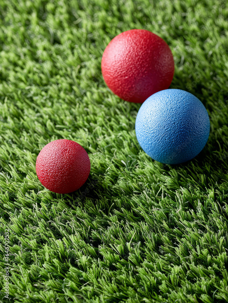 Naklejka premium Three colored balls on artificial grass surface.