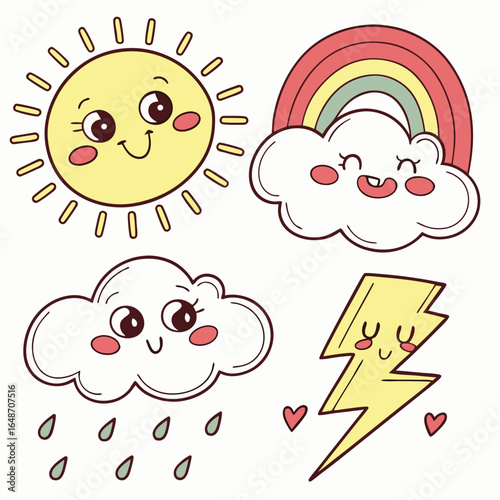 Charming weather icons set featuring loving expressions for stickers and digital designs