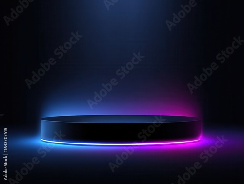 Vector background podium for product presentation with blue and purple neon lights, dark stage mock-up scene with an empty black platform. Vector illustration of an abstract.