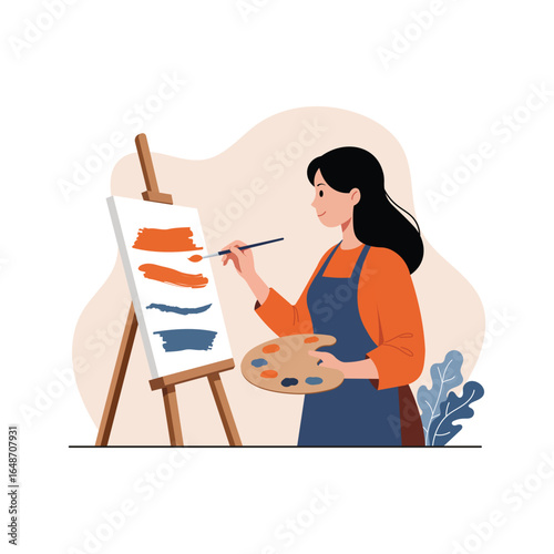 Creative young woman painting abstract art on canvas. flat vector illustration
