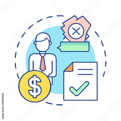 Financial Approval Process with Checkmark and Dollar Sign, and Rejection Icon