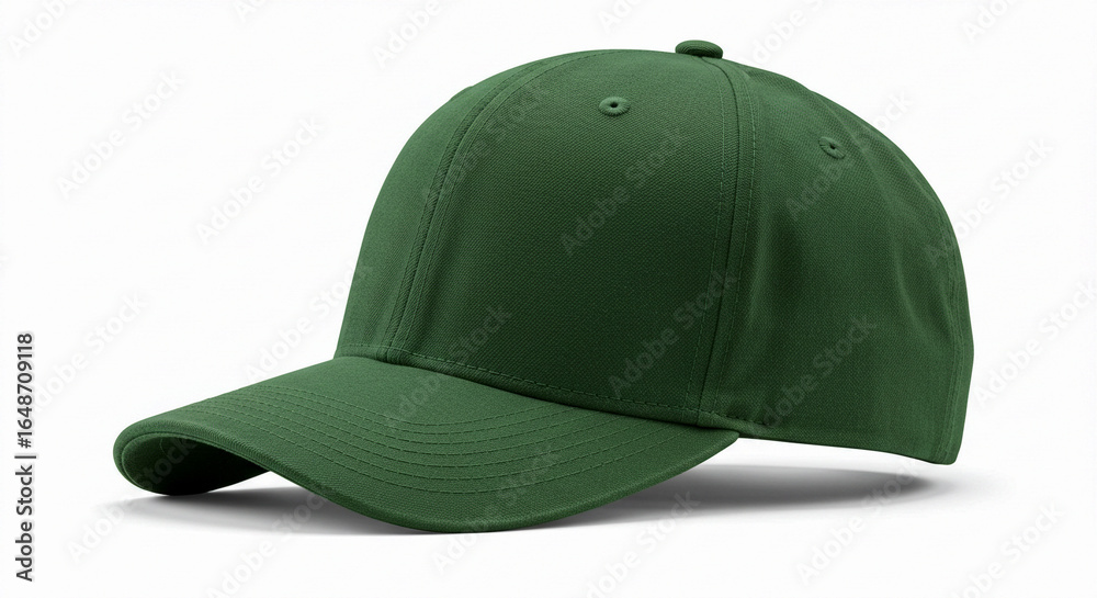 Fototapeta premium A plain green baseball cap is presented from a three-quarter angle on a white background, highlighting its curved brim and six-panel design