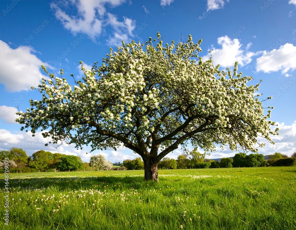 Obraz premium Blooming apple tree in a meadow under a vibrant blue sky