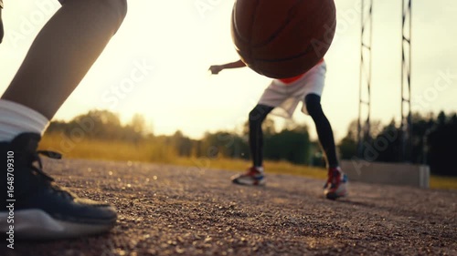 Feet of basketballers outdoor, skilled player bouncing ball, slow motion. Streetball match in summer day, two teenagers friends playing and training, active workout and fitness, do sport for health