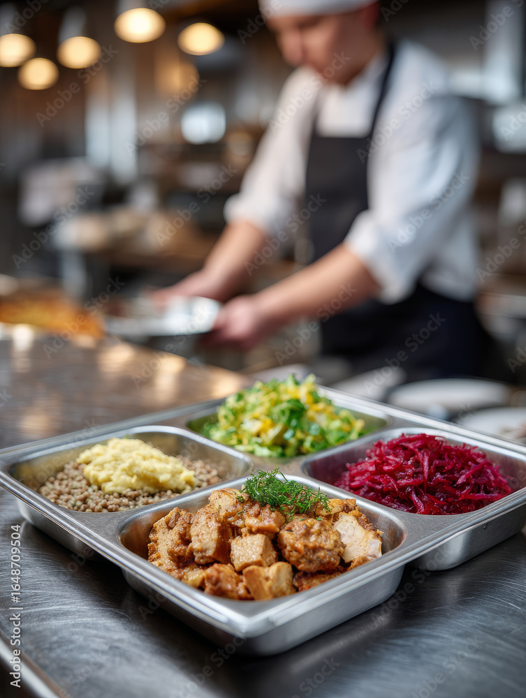 Obraz premium Chef preparing a meal with assorted dishes in a kitchen.