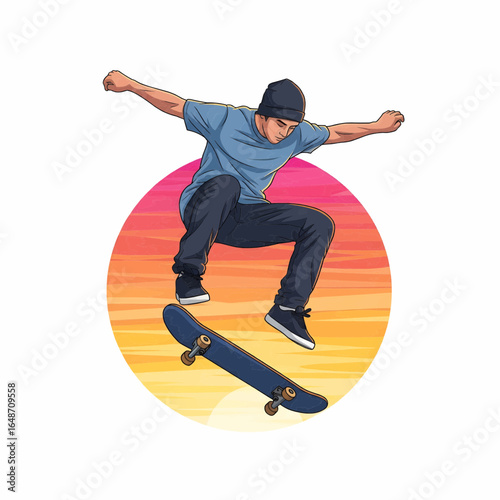 A skateboarder performing an ollie trick with circular sunset background, Semi-realistic vector illustration