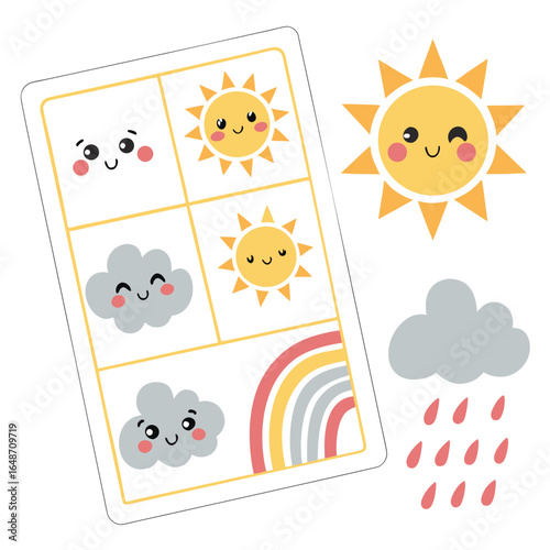 Charming weather and mood tracker sticker sheet featuring diverse cloud faces with expressive emotions and vibrant colors for journaling and scrapbooking projects