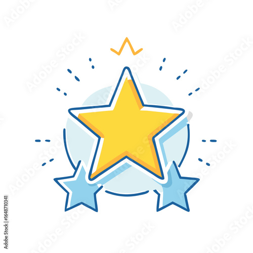 A big yellow star surrounded by smaller blue stars and sparkling confetti