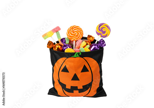 Halloween themed candy bag filled with colorful assorted sweets and treats for spooky celebrations