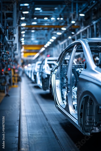 A busy automotive plant in the afternoon with metal frames moving along the line An AI program is checking each car body for defects The mood feels, Generative AI 