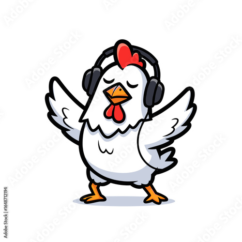 Funny Cartoon Chicken Character Dancing and Listening to Music with Headphones