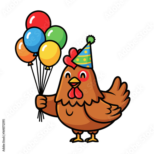 Cute Cartoon Chicken Character with Party Hat and Balloons Celebrating Birthday