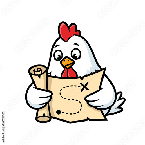 Cute Cartoon Chicken Character Reading an Old Treasure Map with X Marks the Spot