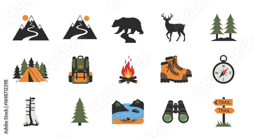 A collection of colorful flat design icons for camping, hiking, and outdoor adventure.