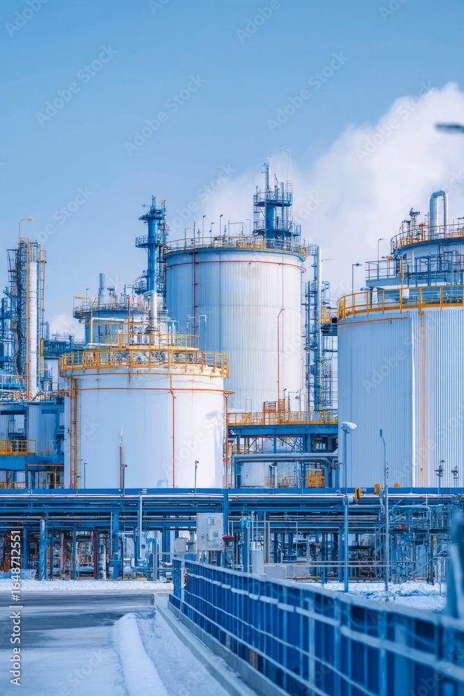 Obraz premium A chemical processing plant with large storage tanks outside An AI monitor is regulating mixing times and temperatures The mood feels careful and controlled, Generative AI