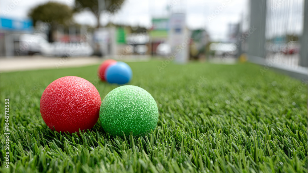 Naklejka premium Colorful bocce balls on green artificial lawn.