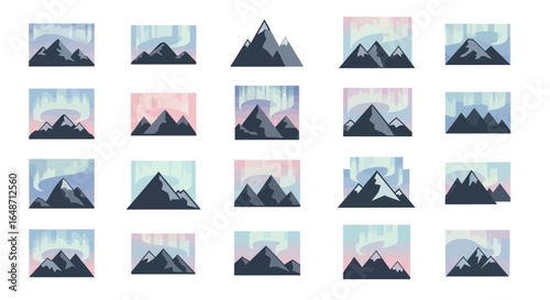 A collection of flat vector icons depicting mountain ranges with snowy peaks under a pastel-colored aurora borealis sky.