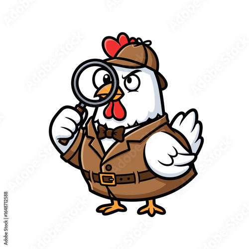 Cartoon Chicken Detective Character Holding Magnifying Glass Investigating