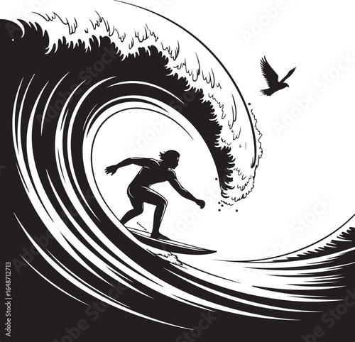 Surfer silhouette riding vibrant wave with bird in monochrome