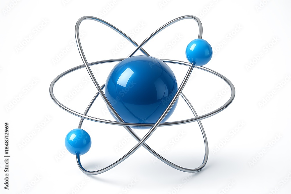 3D atomic model with blue atoms and orbiting electrons 3D atomic model with blue atoms and orbiting electrons