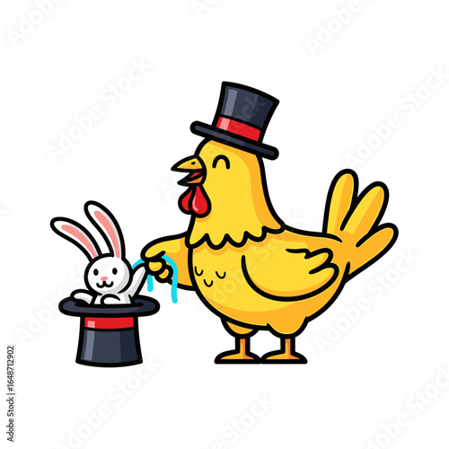 Clever Cartoon Chicken Magician Pulling a Rabbit from a Top Hat