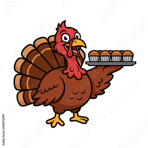 Happy Cartoon Turkey Presenting a Tray of Delicious Muffins