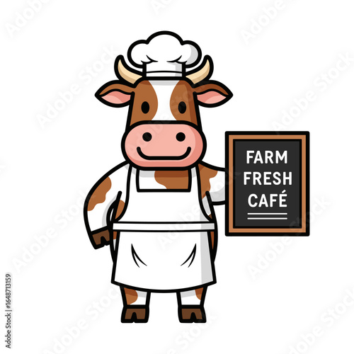 Cartoon Cow Chef Holding Farm Fresh Cafe Blackboard Sign Vector
