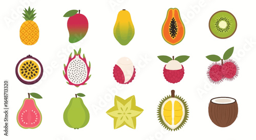 A colorful collection of illustrated exotic tropical fruits, including pineapple, mango, durian, and dragon fruit.