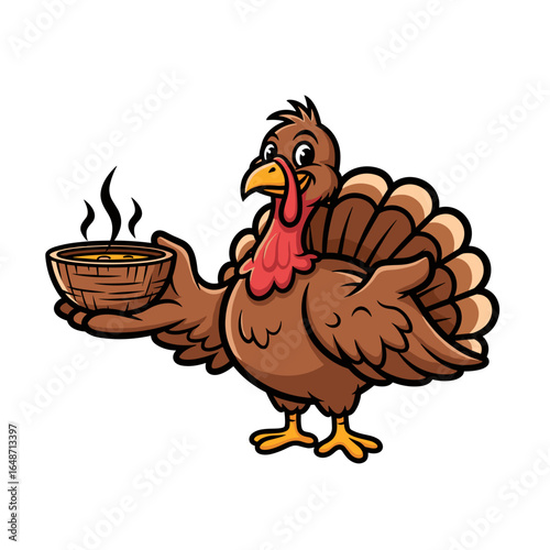 Cartoon Turkey Holding a Steaming Bowl of Hot Food Vector