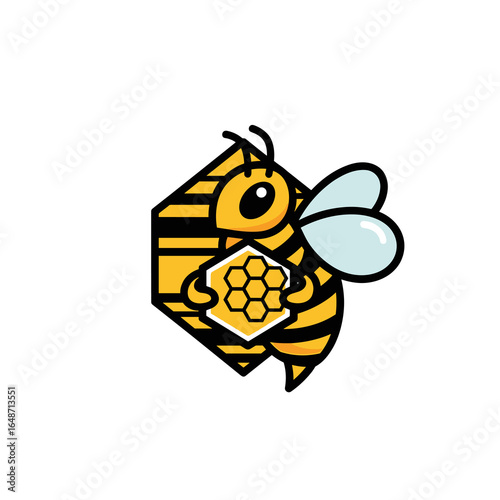 Cartoon Bee with Honeycomb and Geometric Hive Pattern Vector