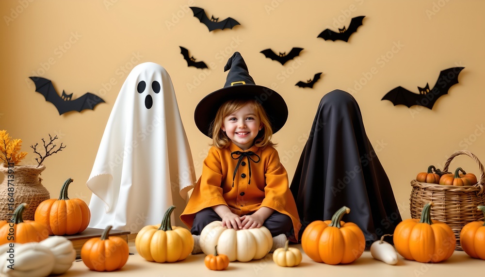 Fototapeta premium In this festive scene, a young child is seated at a table adorned with playful Halloween decorations. The child is dressed in a vibrant costume and appears to be posing for the camera