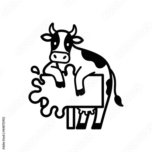 Stylized Black and White Cow with Milk Splash Icon Illustration